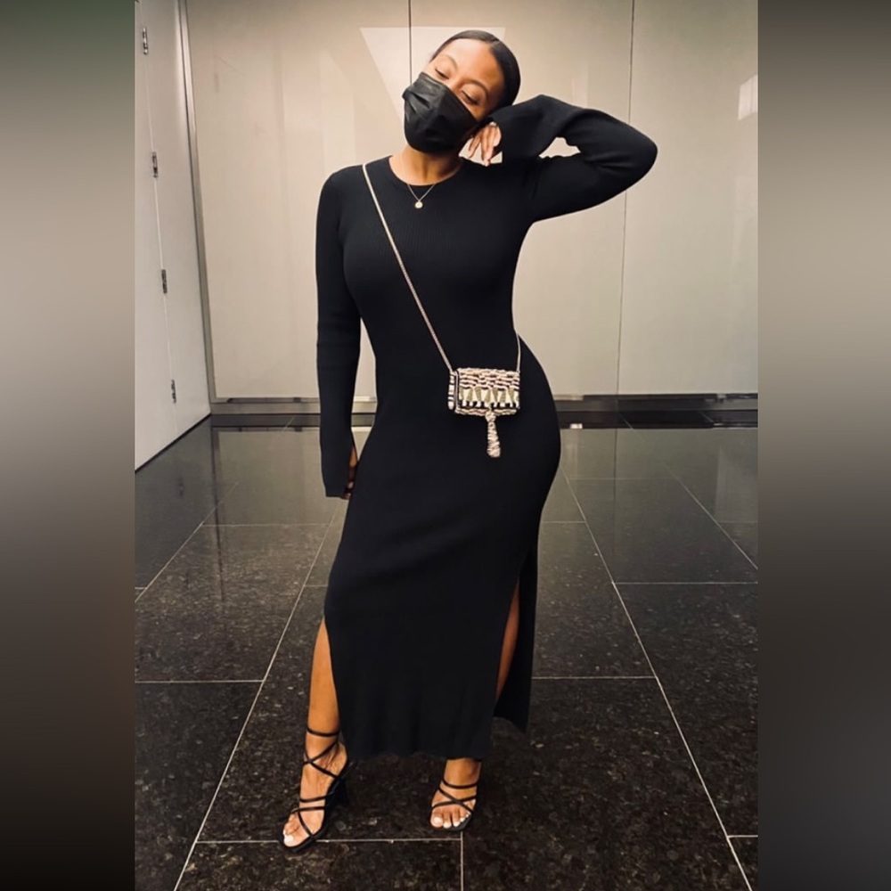H&M Bodycon Side Splits Black Midi Dress